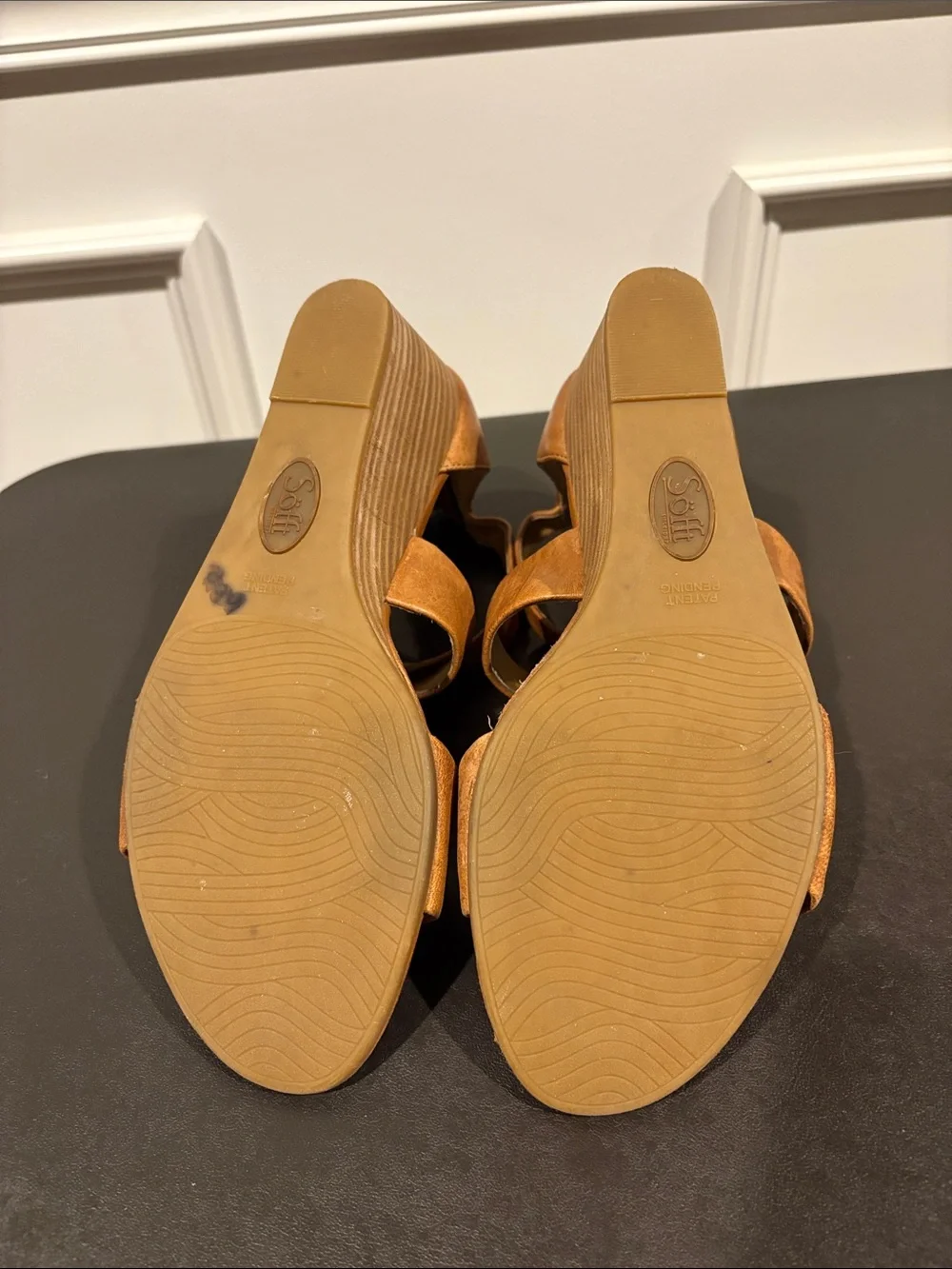 Sofft Tan Leather Crisscross Wedge Sandals